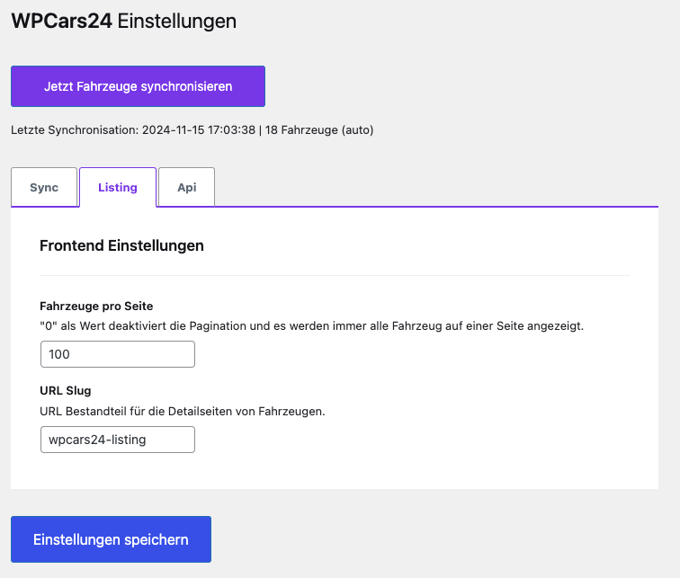 Listing Einstellungen